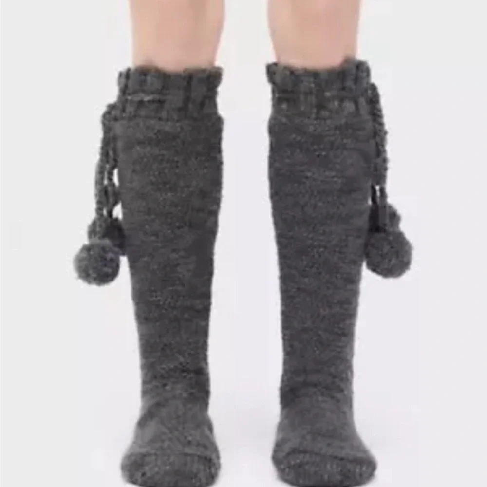 UGG Girls Gray CableKnit PomPom Knee-High Socks